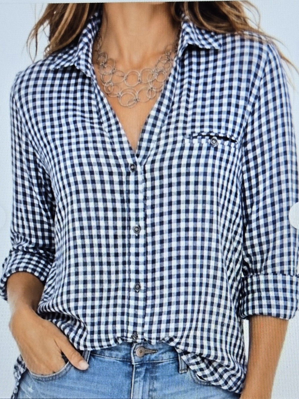 Kut from the Kloth Navy and White Gingham Button-Down Shirt XL